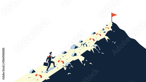 Determined businessman in a suit climbing a challenging, steep mountain path towards a red flag at the summit, symbolizing goal achievement and ambition.