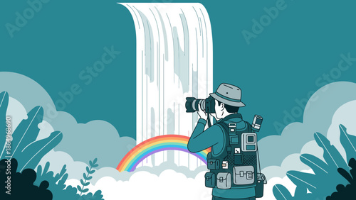 Photographer Capturing Majestic Waterfall and Rainbow in a Lush Environment
