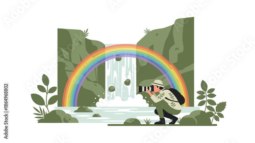 Photographer Capturing Waterfall With Rainbow Landscape Scene In Flat Design