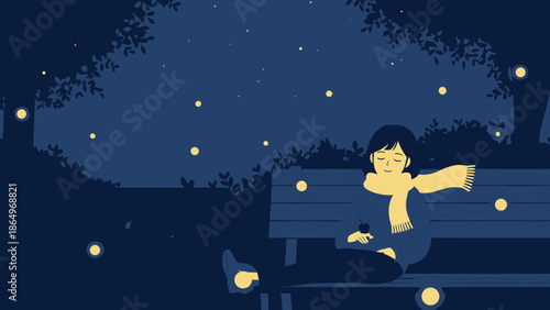 Peaceful Evening: Woman Sitting on Bench Under Starry Sky With Fireflies