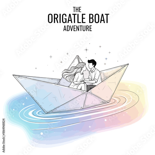 Romantic Couple Sailing in a Large Origami Paper Boat Under Starry Sky - Dreamy Concept Illustration