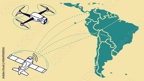 Abstract vector illustration of generic drones and satellites on a map of South America, representing the concept of international surveillance and monitoring.