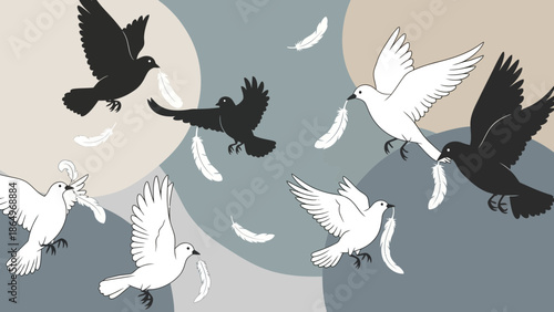 Pigeons Delivering Feathers In Black And White Tones Against Abstract Background