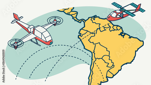 Abstract vector illustration of generic drones and satellites on a map of South America, representing the concept of international surveillance and monitoring.