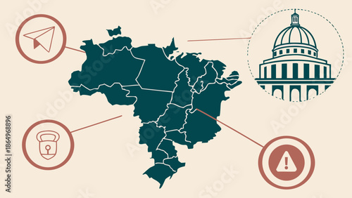 Vector map of Venezuela with alert and defense icons, journalistic style, sober colors, suitable for news 
