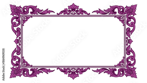 Exquisite ornate purple rectangular frame, intricately adorned with elegant swirling floral patterns, creating a sophisticated and luxurious border.