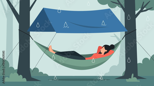 Peaceful Retreat Woman Relaxing In Hammock Under A Rain Shelter On A Rainy Day