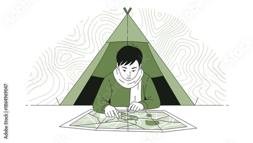 Planning A Solo Adventure Man Using Map In Front Of Tent Illustration