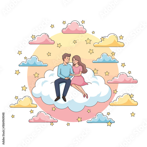 Romantic Couple Sitting on a Cloud Surrounded by Stars - Dreamy Vector Illustration