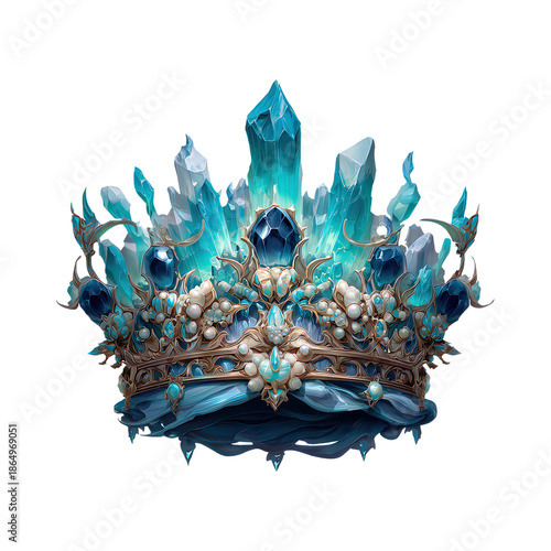 Ornate fantasy crown with blue crystal spikes and jewels on transparent background. Decorative royal headdress artwork for carnival.