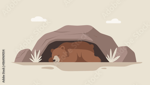 Peaceful Slumber Brown Bear In Den With Clouds Above Background Illustration