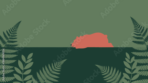 Peaceful Slumber Bear Resting In Forest Scene Surrounded By Green Ferns