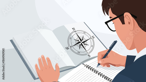 Planning A Voyage A Man with Glasses Writes In A Notebook With Compass