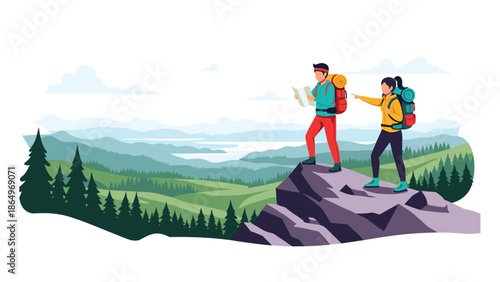 Two intrepid hikers with backpacks standing on a rugged mountain peak, studying a map against a picturesque backdrop of forests and lakes.