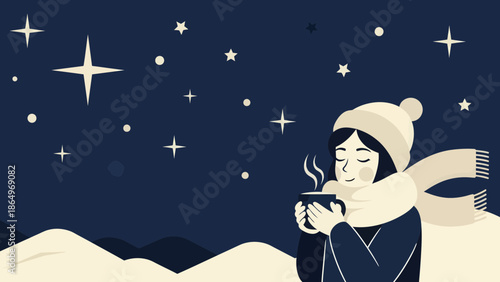 Peaceful Winter Night Scene With Woman Enjoying Hot Drink Under Starry Sky