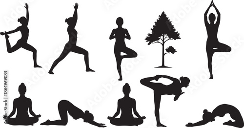 Yoga poses silhouettes for fitness and wellness