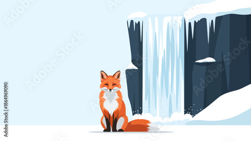 Peaceful Winter Scene Featuring A Cartoon Fox Near A Frozen Waterfall