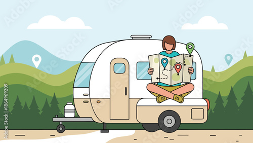 Planning An Outdoors Adventure With A Camper Trailer And A Detailed Topographic Map