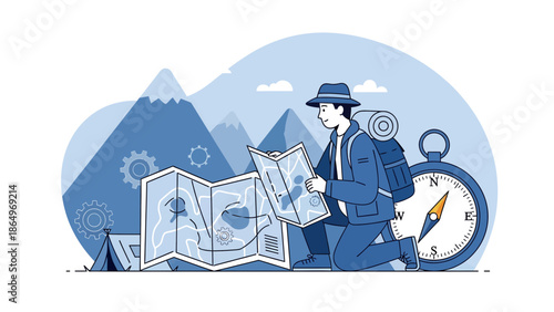 Planning An Outdoor Adventure With Map And Compass In A Scenic Landscape