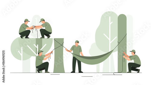 People Assembling Camping Hammock Between Trees In Green Forest Environment