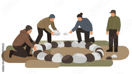 People Collaborate Building A Stone Circle Together Constructing A Fire Pit Design