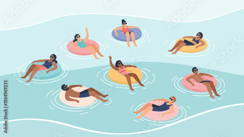 People Enjoying Summer Vacation Floating On The Water On Colorful Inflatable Rings
