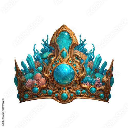 Underwater mermaid crown or tiara in gold and blue with coral accents, royal headpiece on transparent background