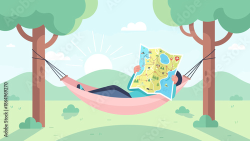 Planning Vacation In Nature Lying On A Hammock Looking A Road Map