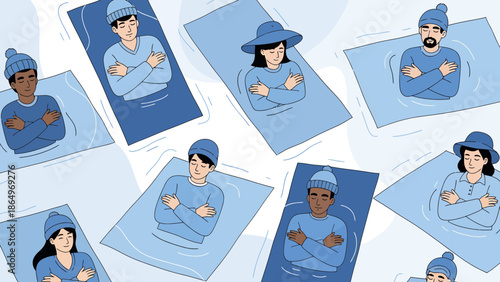 People Floating Serene Cold Water In Individual Buoyant Platforms With Crossed Arms