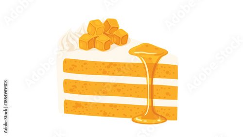 Delectable slice of layered mango cake generously topped with fresh mango cubes and luscious, dripping mango sauce.