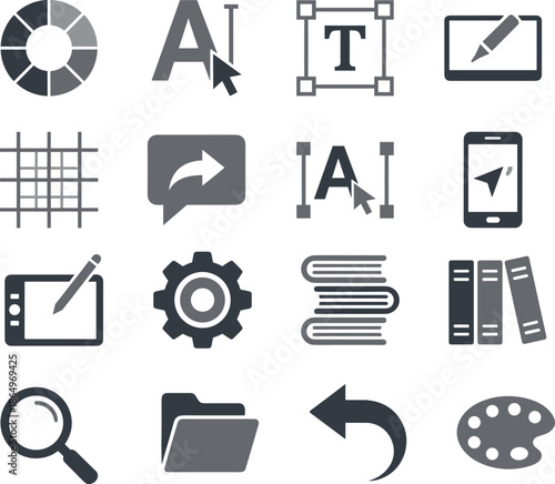 Graphic design icons set, creative tools, digital illustration, typography, color palette, layout, interface, software, drawing, editing, search, undo, upload, settings, navigation, font