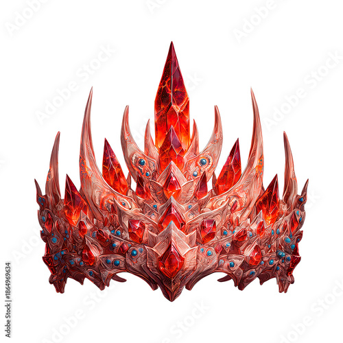 Intricate ornate crown adorned with red gemstone and blue jewel, for fantasy, royalty, or queen on transparent background.