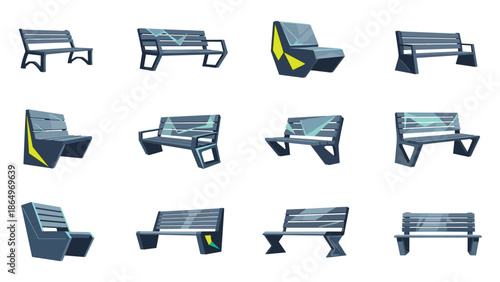 Extensive collection of sleek and modern park benches, each featuring unique geometric designs, perfect for contemporary urban landscapes.