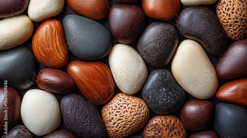 Collection of smooth and colorful pebbles arranged closely on a surface showing various shapes and sizes