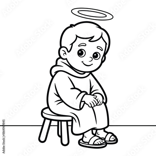 Young boy with halo sitting on stool isolated on white background, Vector, illustration