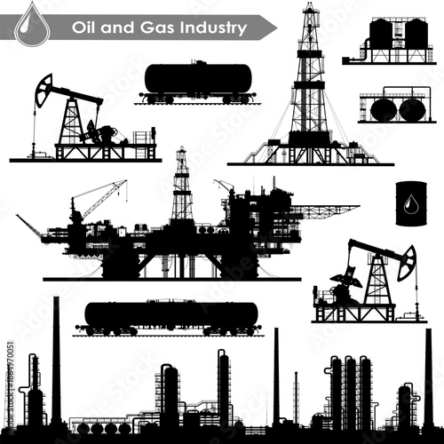 Black silhouette vector set of oil and gas industry elements including offshore platform, oil rig, pumpjack, refinery, storage tanks, drilling tower, and industrial equipment.
