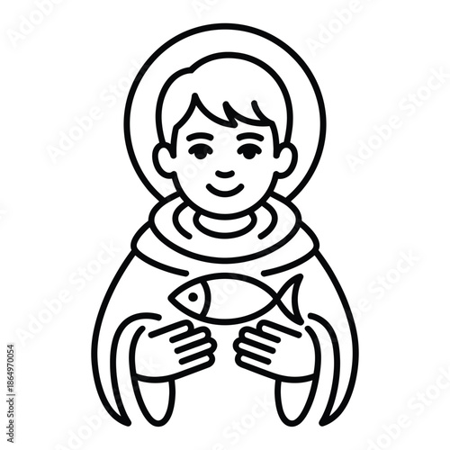 Young boy holding fish isolated on white background, Vector, illustration