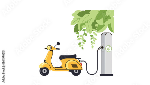 Vibrant yellow electric scooter efficiently charging at a modern station, nestled under lush green leaves, symbolizing eco-friendly urban transport.