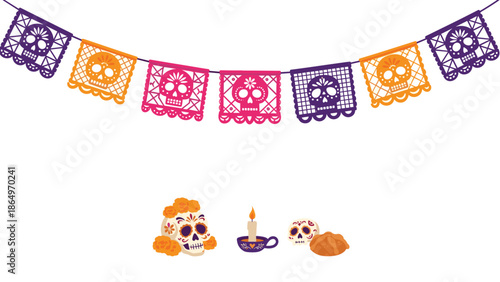 Traditional Day of the Dead decorations, including a colorful papel picado banner, sugar skulls, a lit candle, and traditional pan de muerto bread.