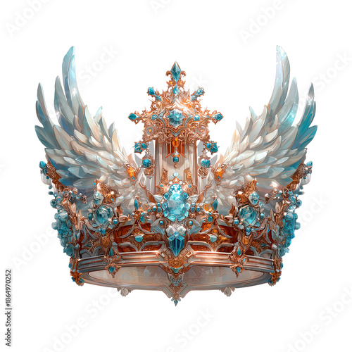 Golden majestic crown with teal gems and angelic wings on transparent background. Fantasy aesthetic for queen or ruler.