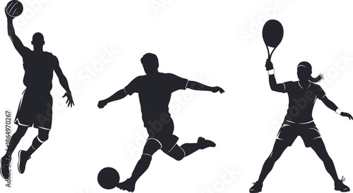 Silhouette of three athletes playing different sports