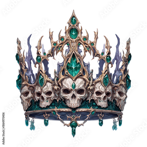 Ornate fantasy crown adorned with human skull details and emerald gems, embodying dark magic and power on transparent background for game asset or Halloween design.