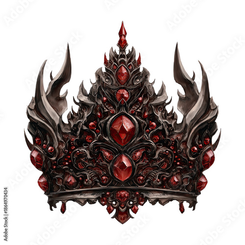 Dark gothic crown with red gem on transparent background for fantasy concept. Elegant accessory for king or queen, symbol of power and authority.