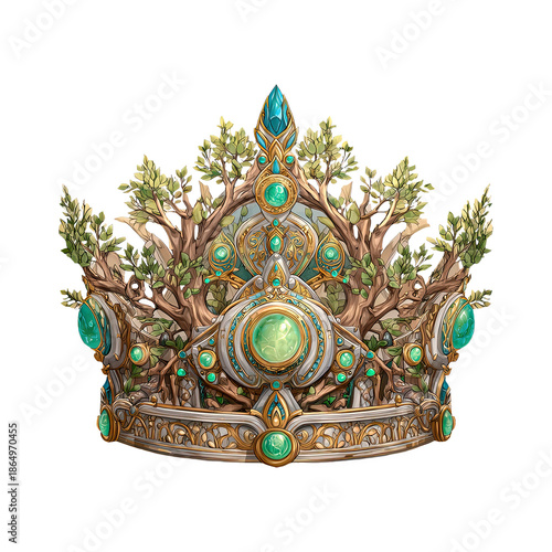 Crown made of tree branches and green gems, symbolizing nature and royalty, fantasy game asset on transparent background.