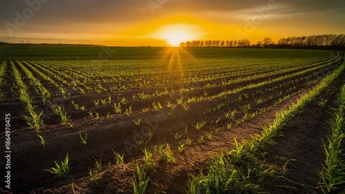 Sunset over a field of young corn plants.