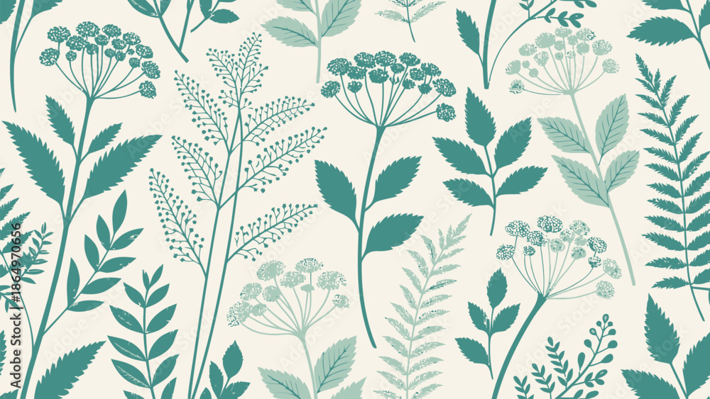 Fototapeta premium Elegant botanical pattern with green plants and flowers