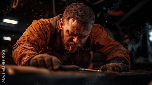 Skilled worker repairs machinery in a workshop during evening hours with strong focus and dedication to the task at hand