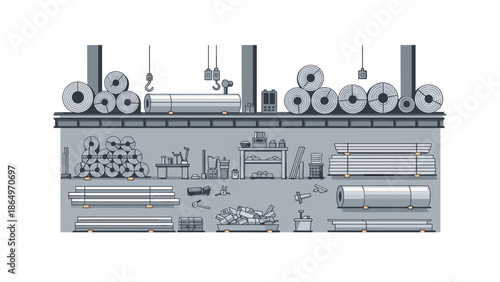 Organized industrial warehouse interior, featuring stacked metal rolls, various tools, and diverse materials on shelves, depicting efficient manufacturing.