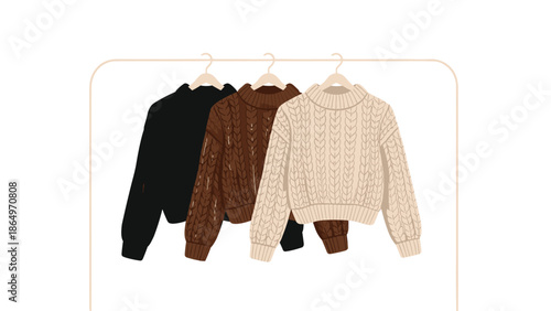 Trio of cozy knitted turtleneck sweaters in sophisticated shades of black, brown, and beige, gracefully hanging on a clothing rack.