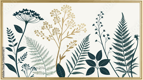 Elegant botanical illustration of various plants and ferns in gold and green hues